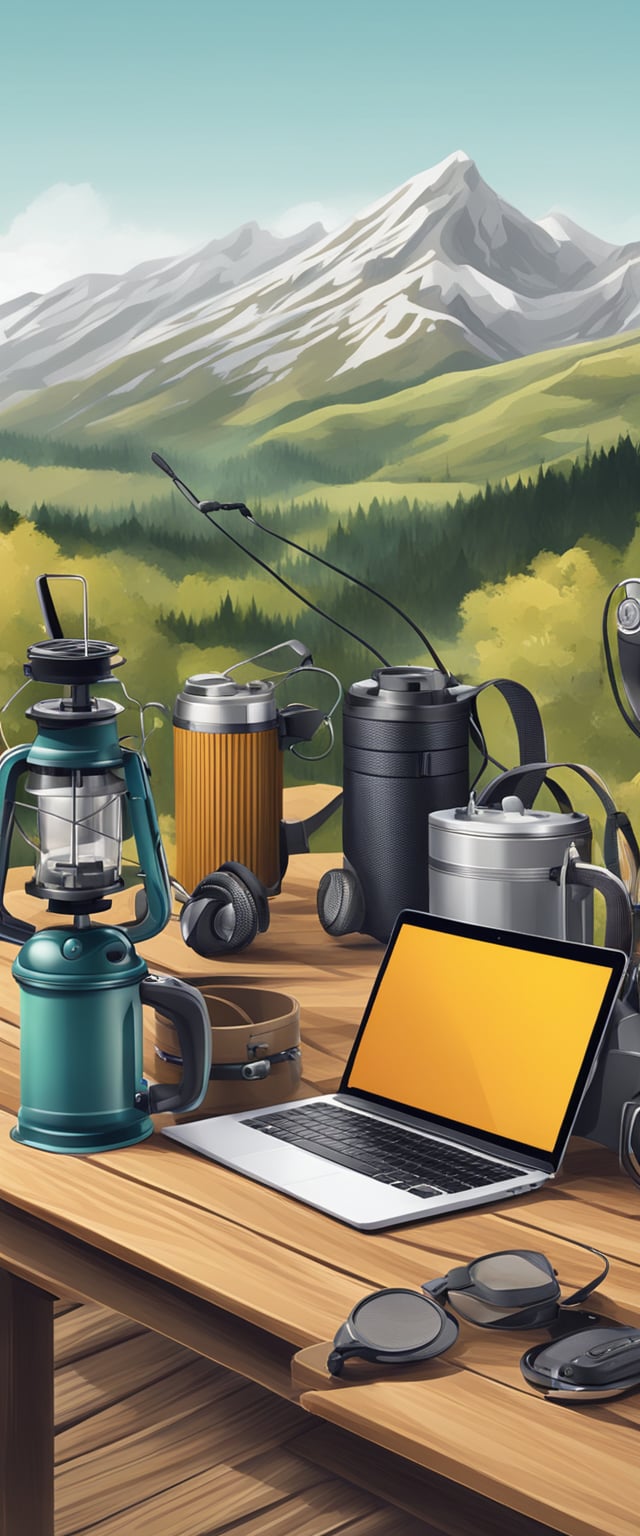 A collection of outdoor gadgets displayed on a wooden table with a mountainous landscape in the background