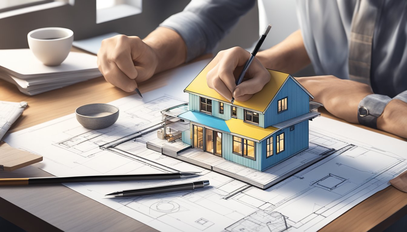 An architect sketching tiny house plans on a drafting table with tools and blueprints spread out around them