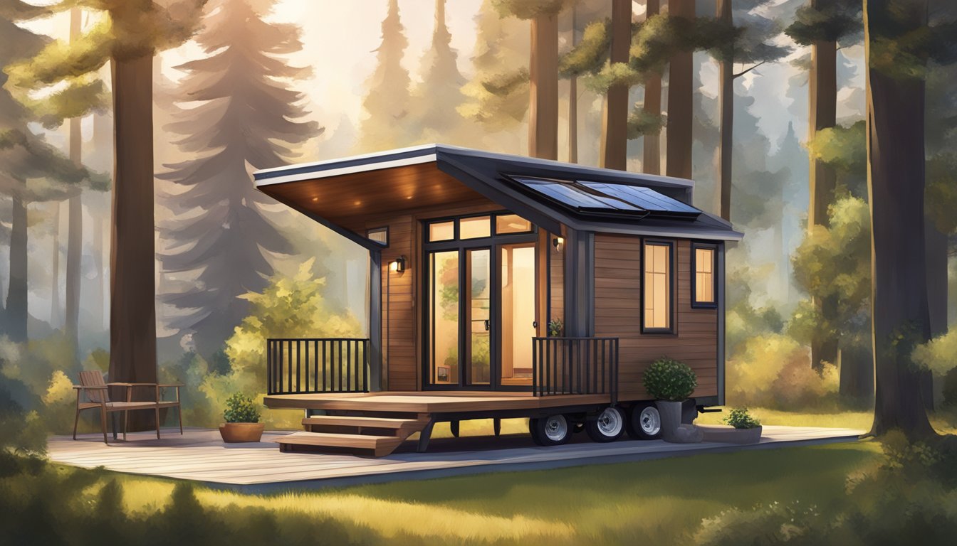 A tiny house nestled among trees, with a cozy interior and solar panels on the roof