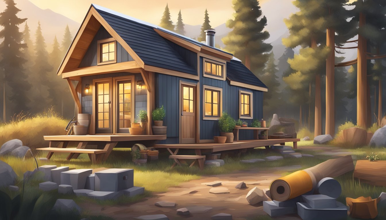 A cozy tiny house under construction, surrounded by tools, lumber, and a picturesque natural setting