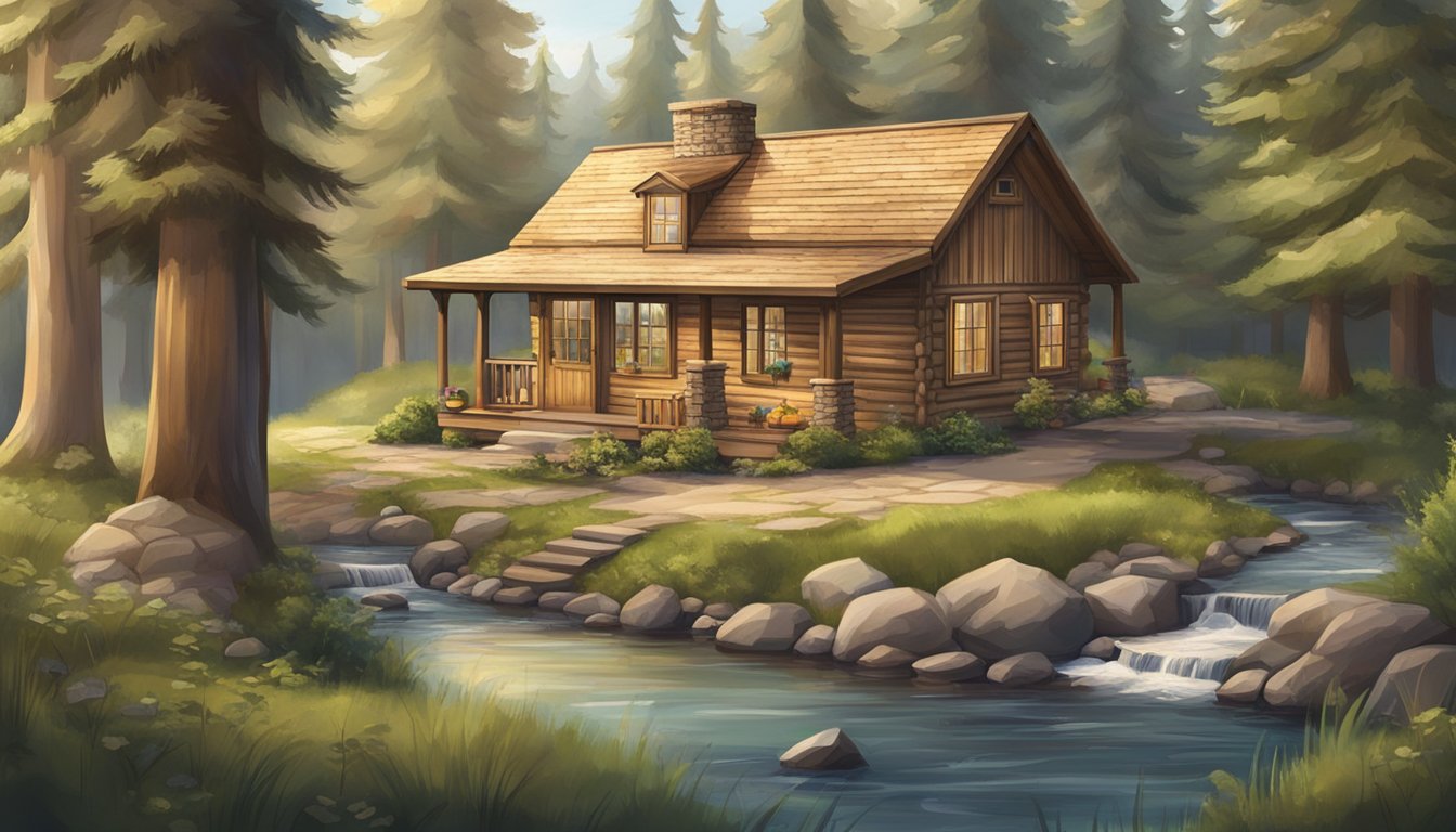 A cozy cabin nestled in the woods, surrounded by trees and a small stream. The tiny house features customizable options for windows, doors, and exterior finishes