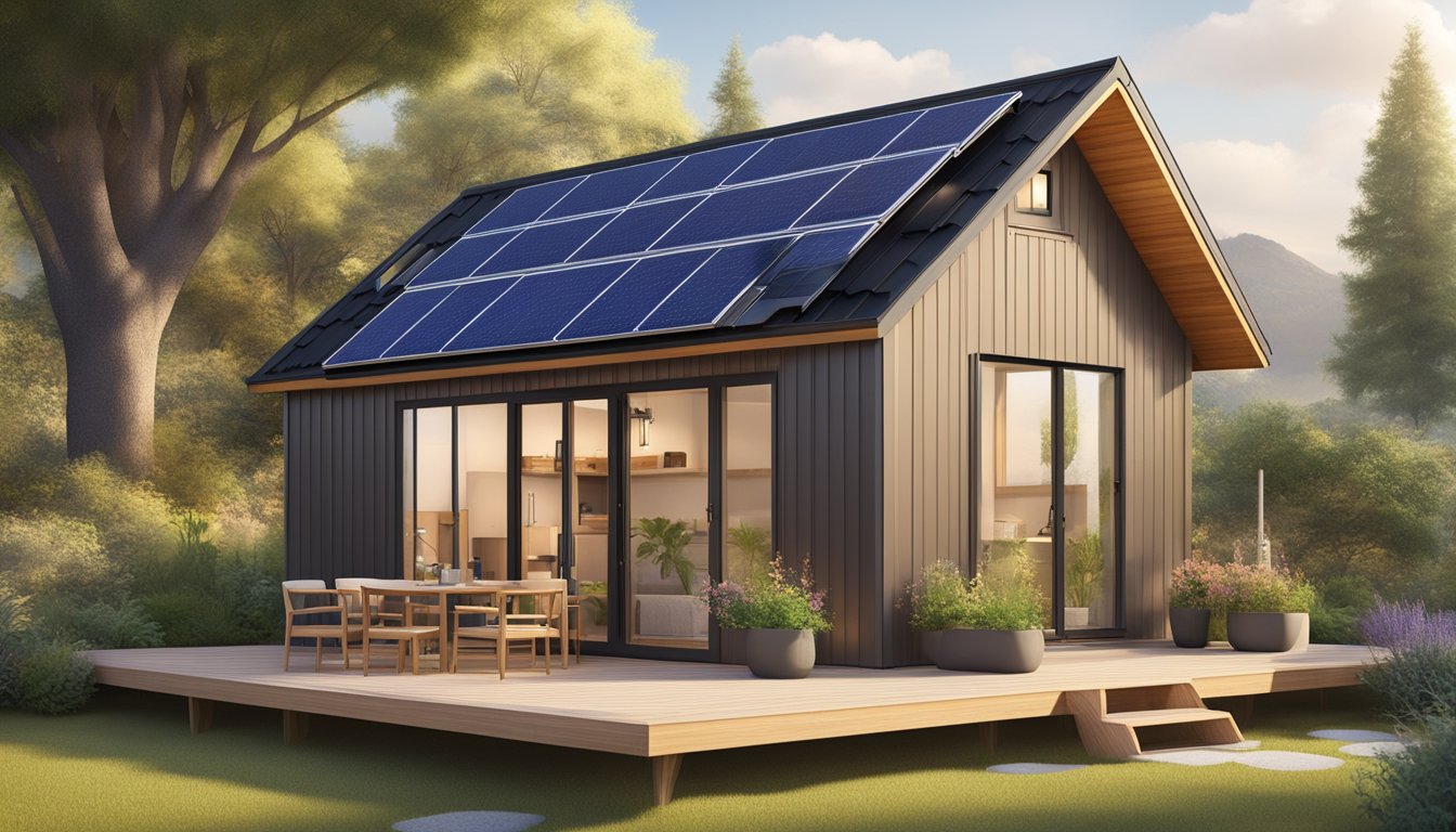 A cozy tiny house kit nestled in a serene natural setting with solar panels and a small garden, showcasing sustainable living benefits