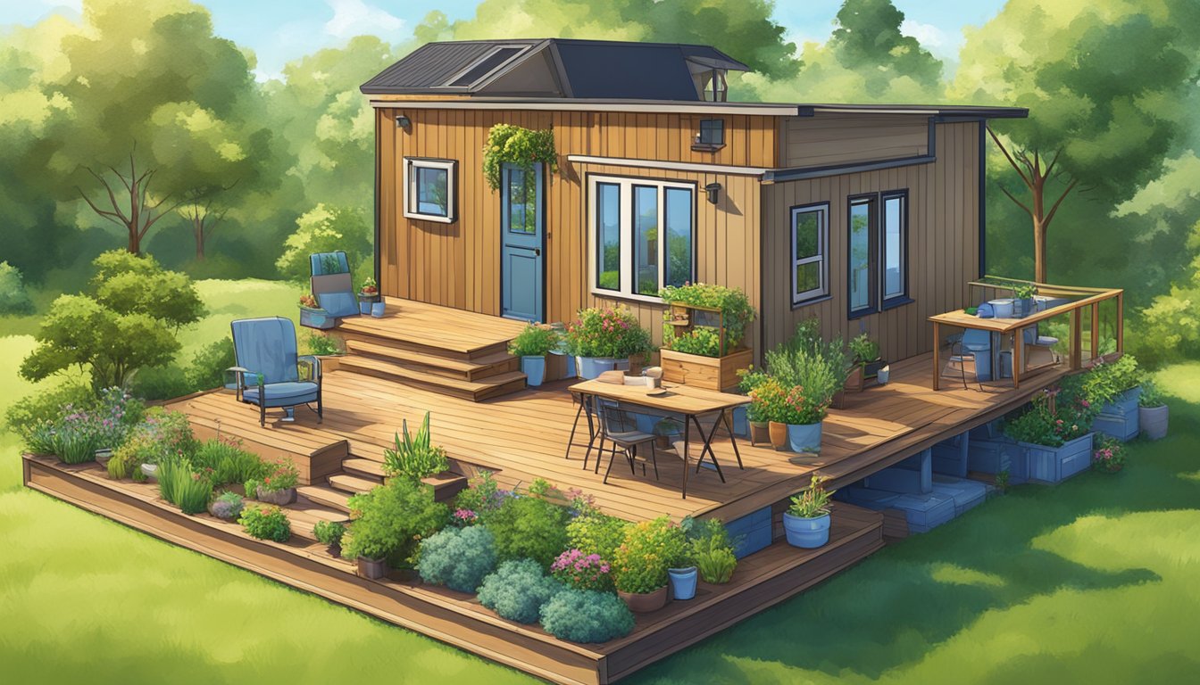 A sunny backyard with a variety of tiny house kits displayed on a wooden platform, surrounded by lush greenery and a clear blue sky