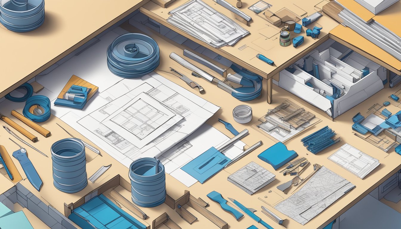 A table covered in tiny house building kits, with tools and blueprints scattered around