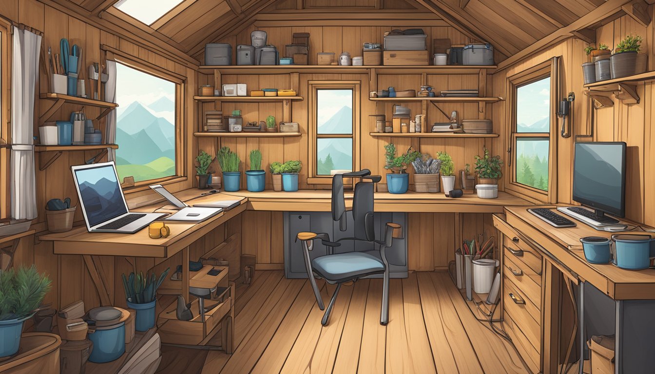 A small workshop with tools, wood panels, and a computer screen showing customizable tiny house designs