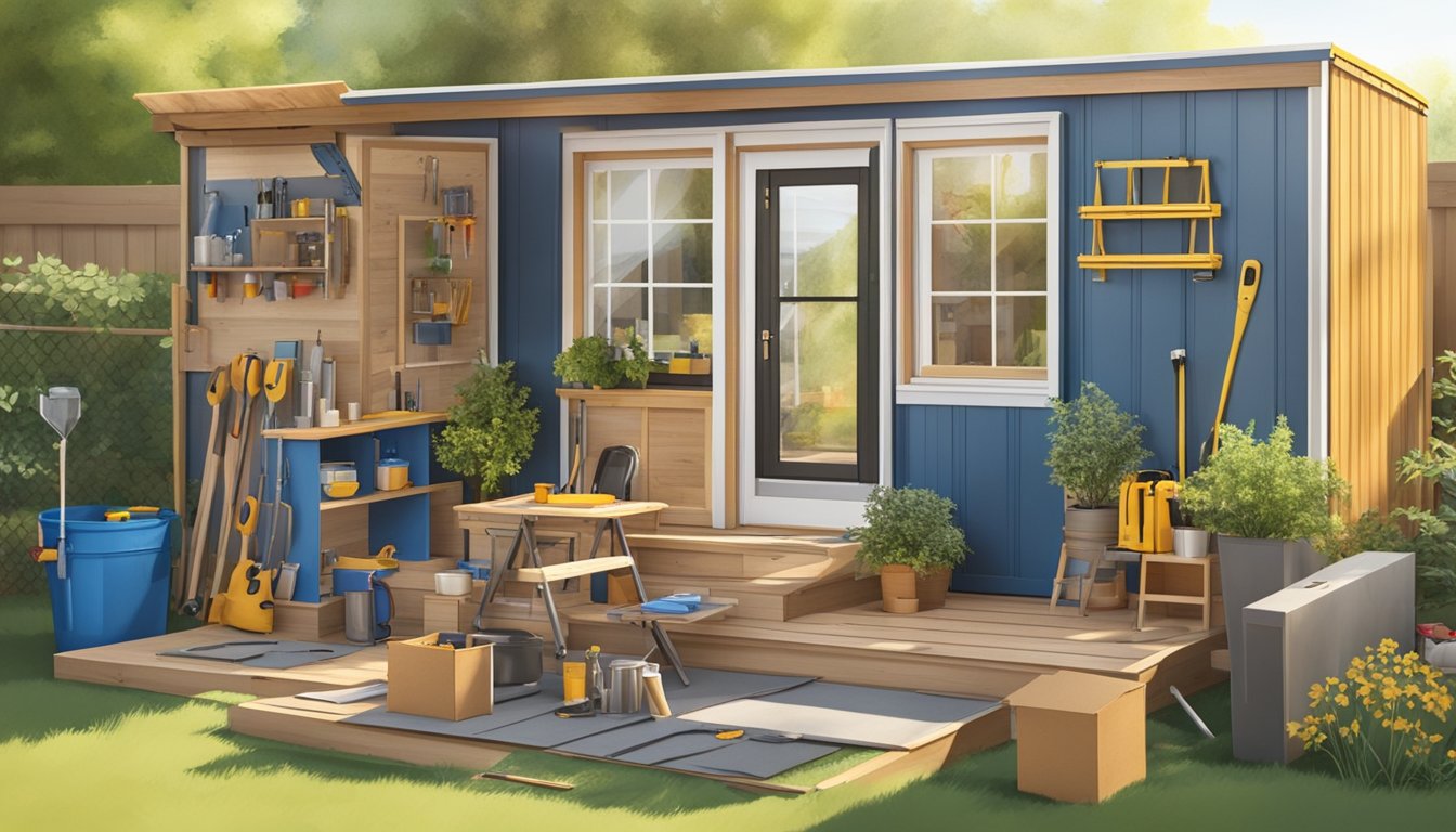 A sunny backyard with a completed tiny house kit surrounded by construction tools and materials