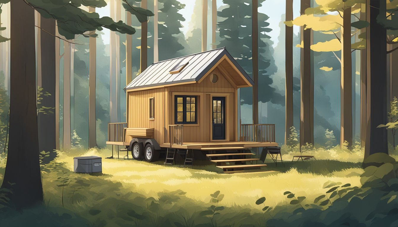 A cozy tiny house kit being assembled in a tranquil forest clearing, surrounded by tall trees and dappled sunlight