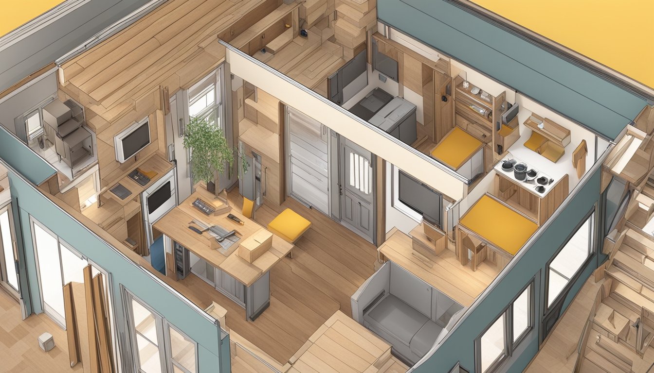 A tiny house kit being assembled with tools and materials in a cost-effective manner