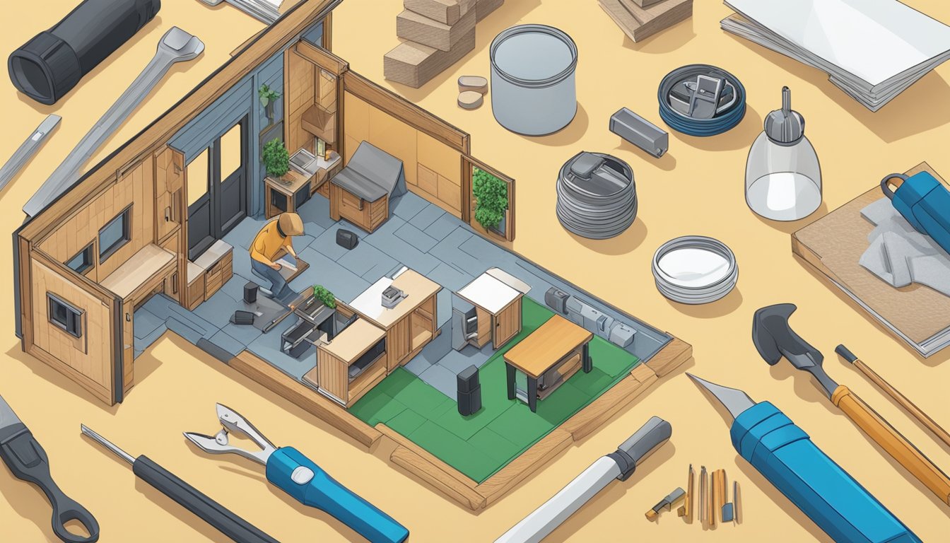 A person assembling a tiny house kit with tools and materials scattered around