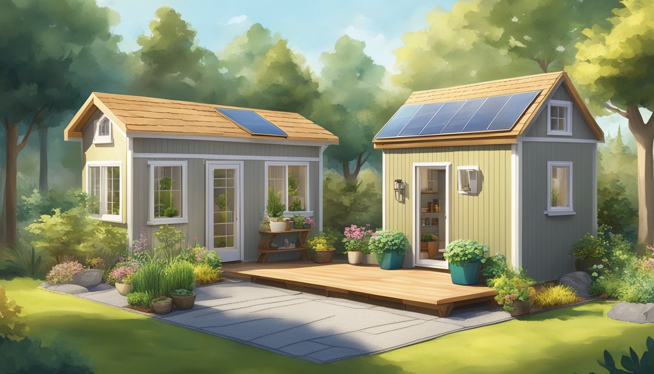 A sunny backyard with a completed tiny house kit, surrounded by trees and a small garden