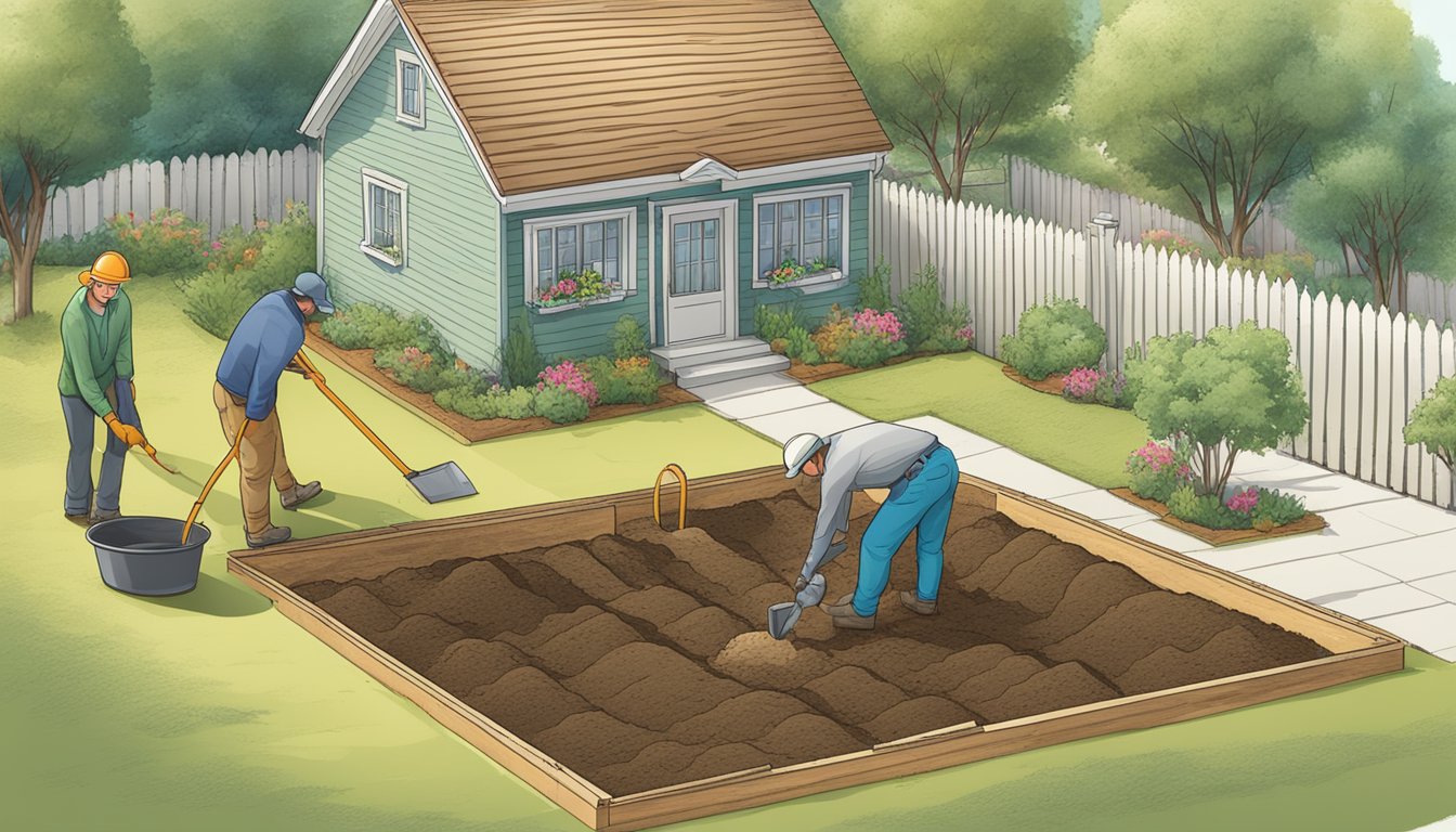 A person digging a trench for pipes, while another person measures and lays out the septic tank location in the yard