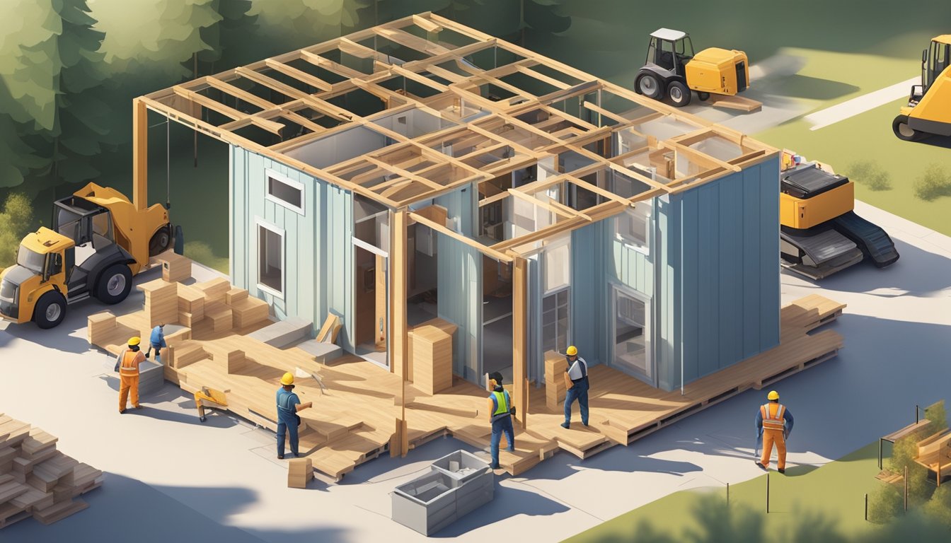 A construction site with a tiny house prefab kit being assembled by workers. Materials, tools, and machinery are scattered around the site