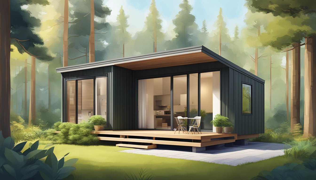 A small, modern tiny house prefab kit, surrounded by lush greenery and nestled among tall trees in a serene forest setting