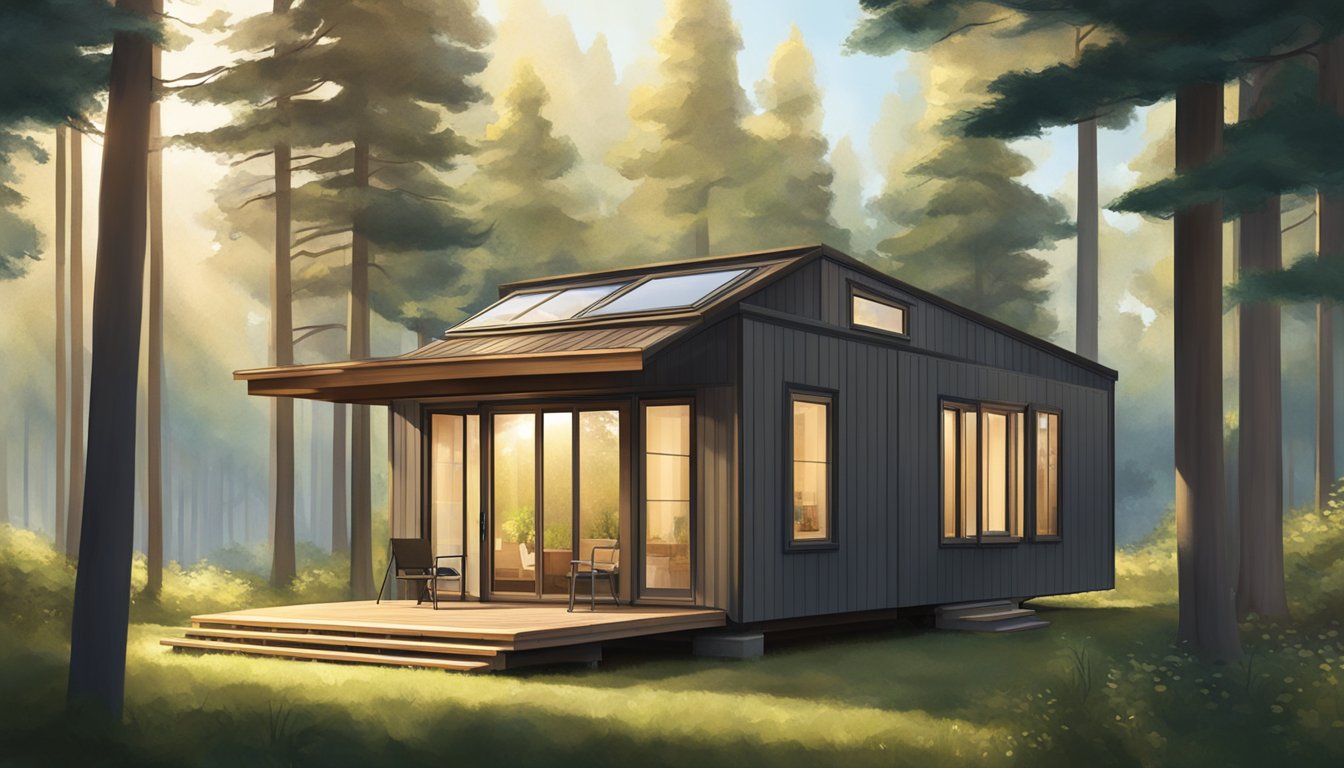 A cozy tiny house prefab kit nestled in a tranquil forest clearing, surrounded by tall trees and dappled sunlight filtering through the branches