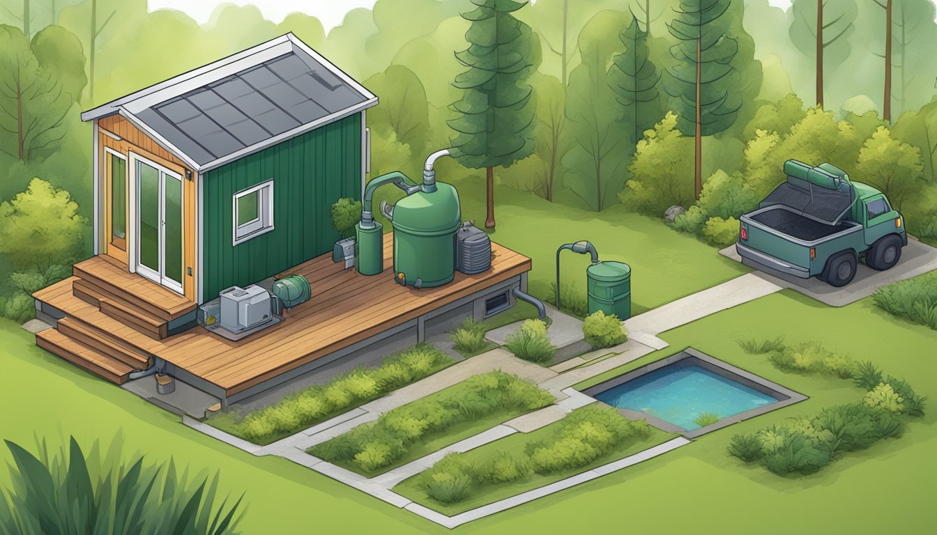 A tiny house septic system being installed in a lush green backyard with a small, eco-friendly tank and pipes leading to it