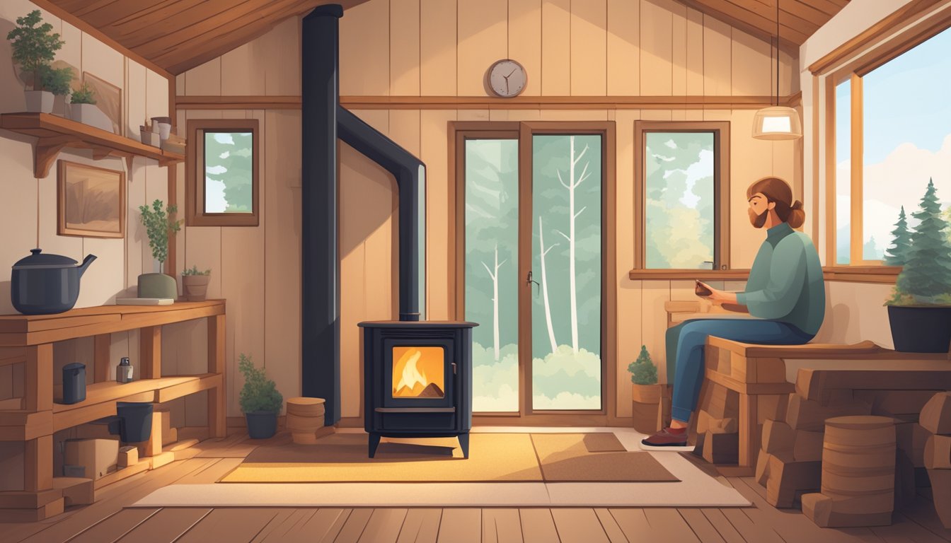 A person installs a small pellet stove in a cozy tiny house, surrounded by wood logs and a warm, inviting atmosphere