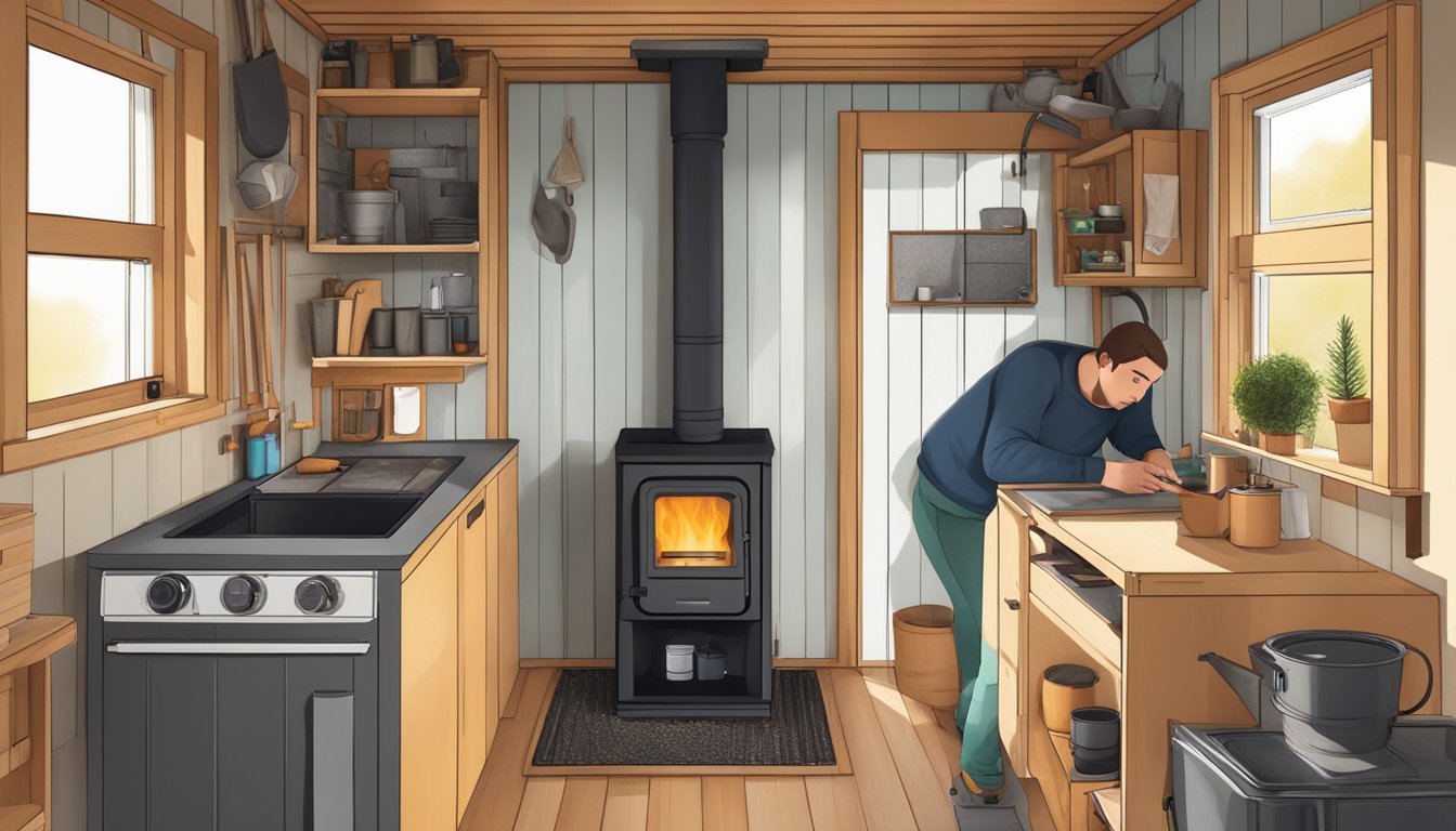 A person installs a small pellet stove inside a tiny house, surrounded by tools and materials