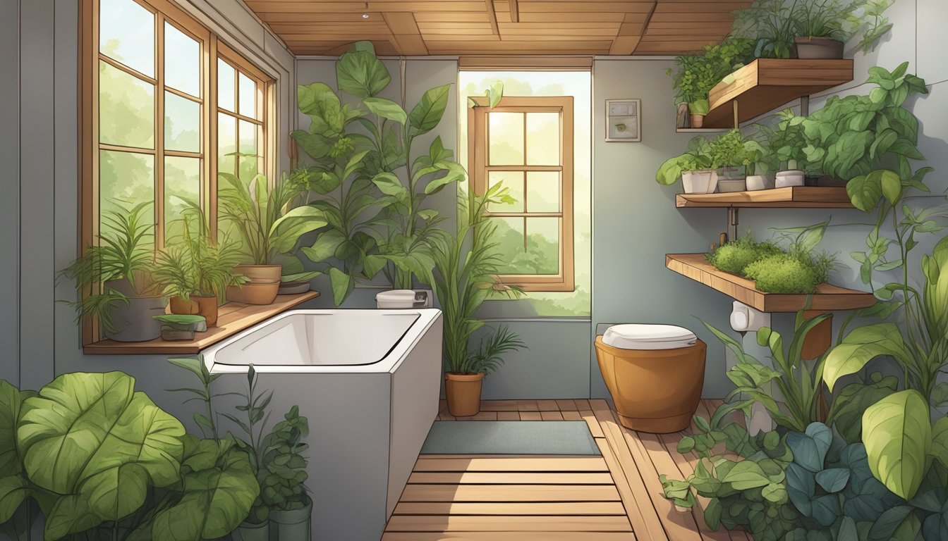 A composting toilet inside a tiny house, surrounded by plants and natural materials