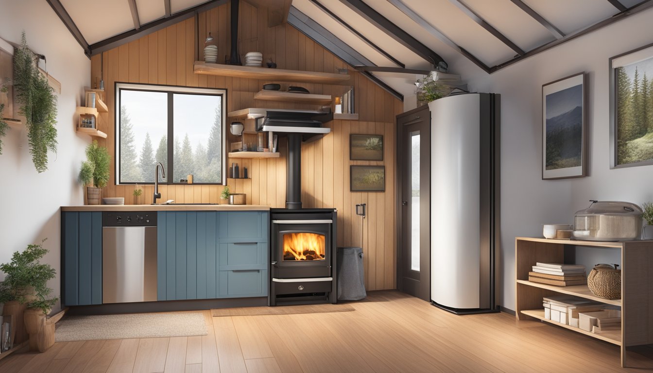 A cozy tiny house with a compact pellet stove as the focal point, emitting warm, inviting heat into the small space