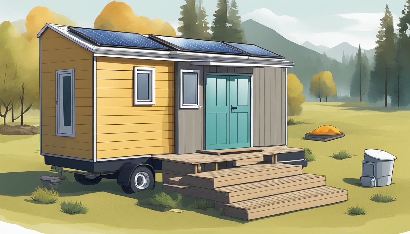 A tiny house toilet with composting system and minimalistic decor, surrounded by off-grid living essentials like solar panels and rainwater collection