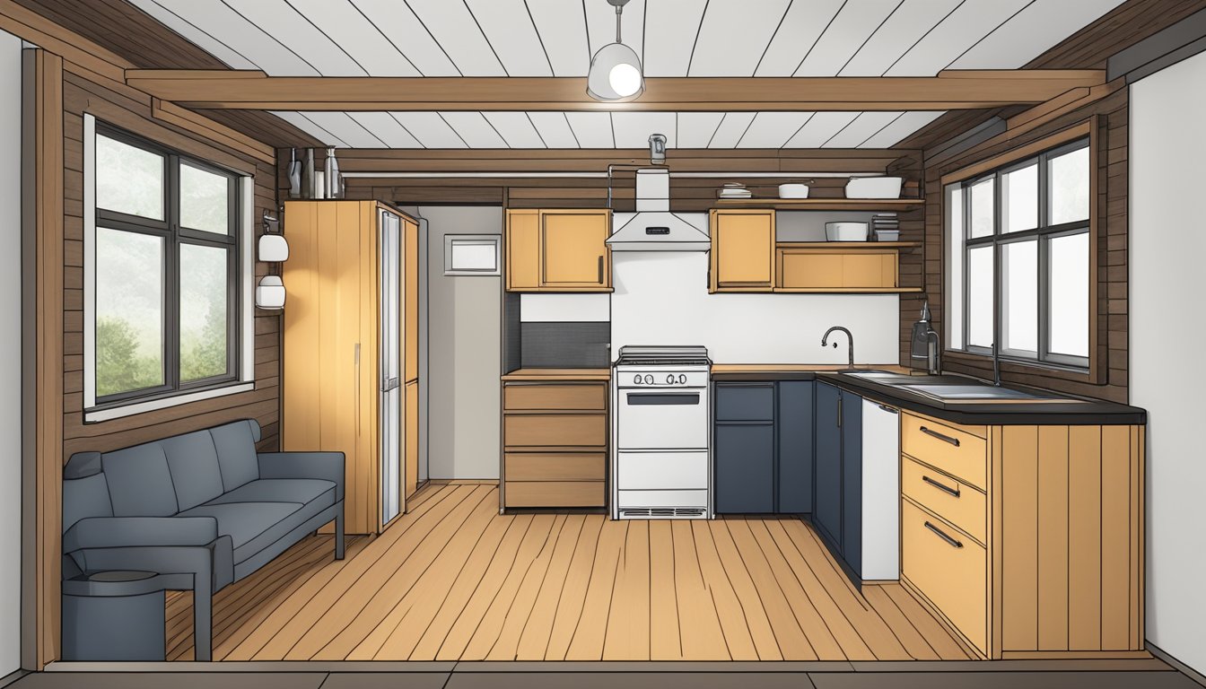 A tiny house interior with a pellet stove installed according to safety and regulations, with proper ventilation and clearances from combustible materials