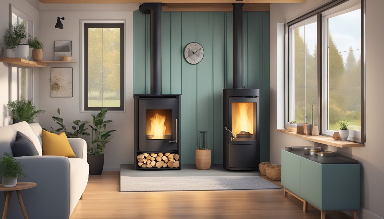 A cozy tiny house with a pellet stove as the focal point, emitting warmth and comfort in a minimalist setting