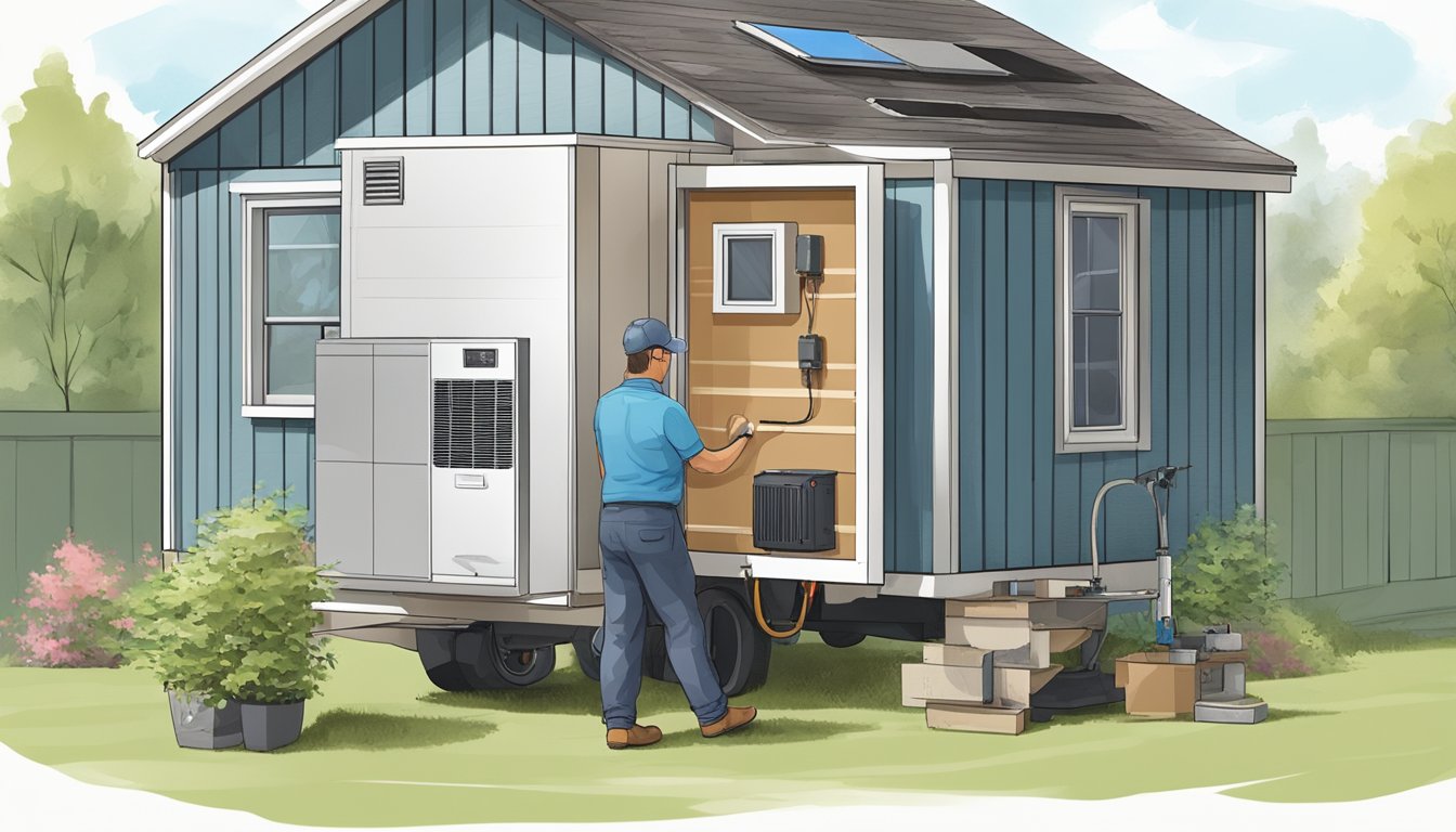 A technician installs a compact air conditioner onto the exterior of a tiny house, connecting the unit to the electrical system and securing it in place