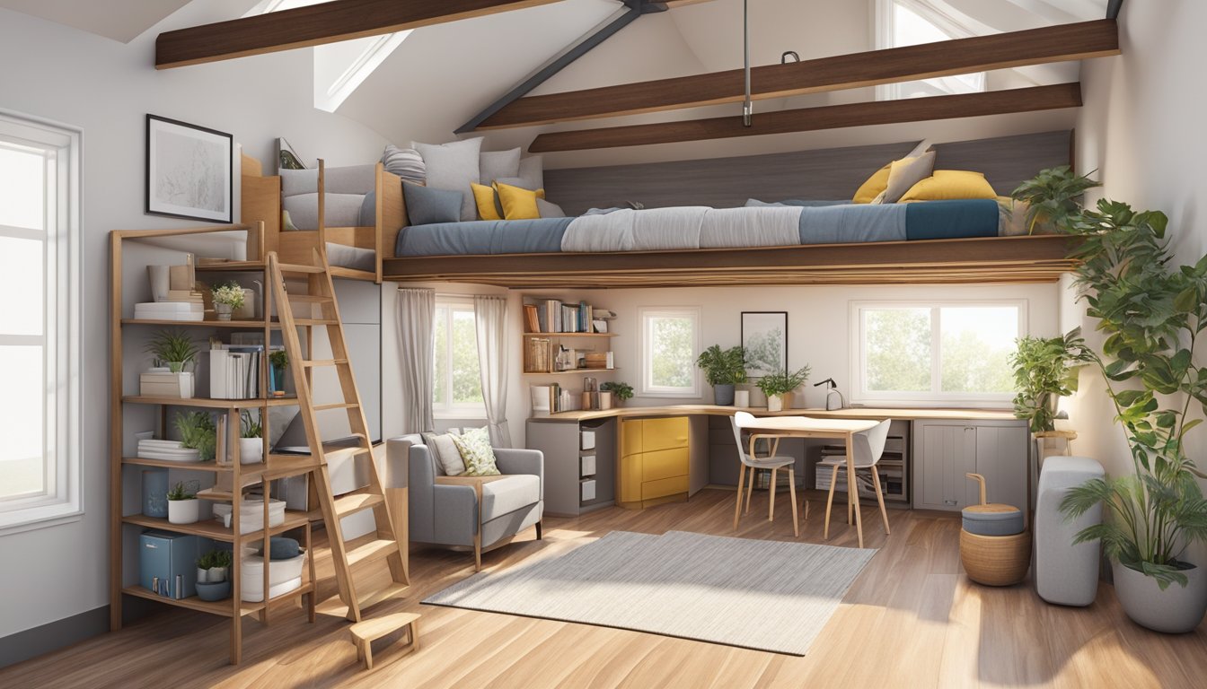 A tiny house loft with a ladder extending down, surrounded by space-saving furniture and clever storage solutions