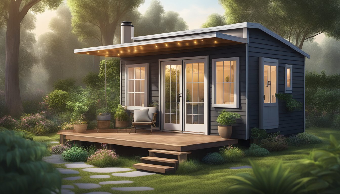 A cozy tiny house surrounded by lush greenery, with a small porch and outdoor lighting, connected to a water and power supply