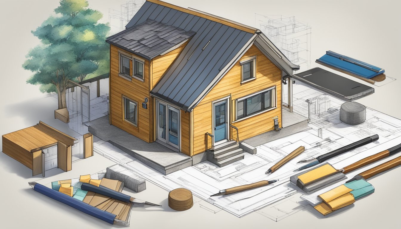 An architect sketching tiny house blueprints with tools and materials scattered around