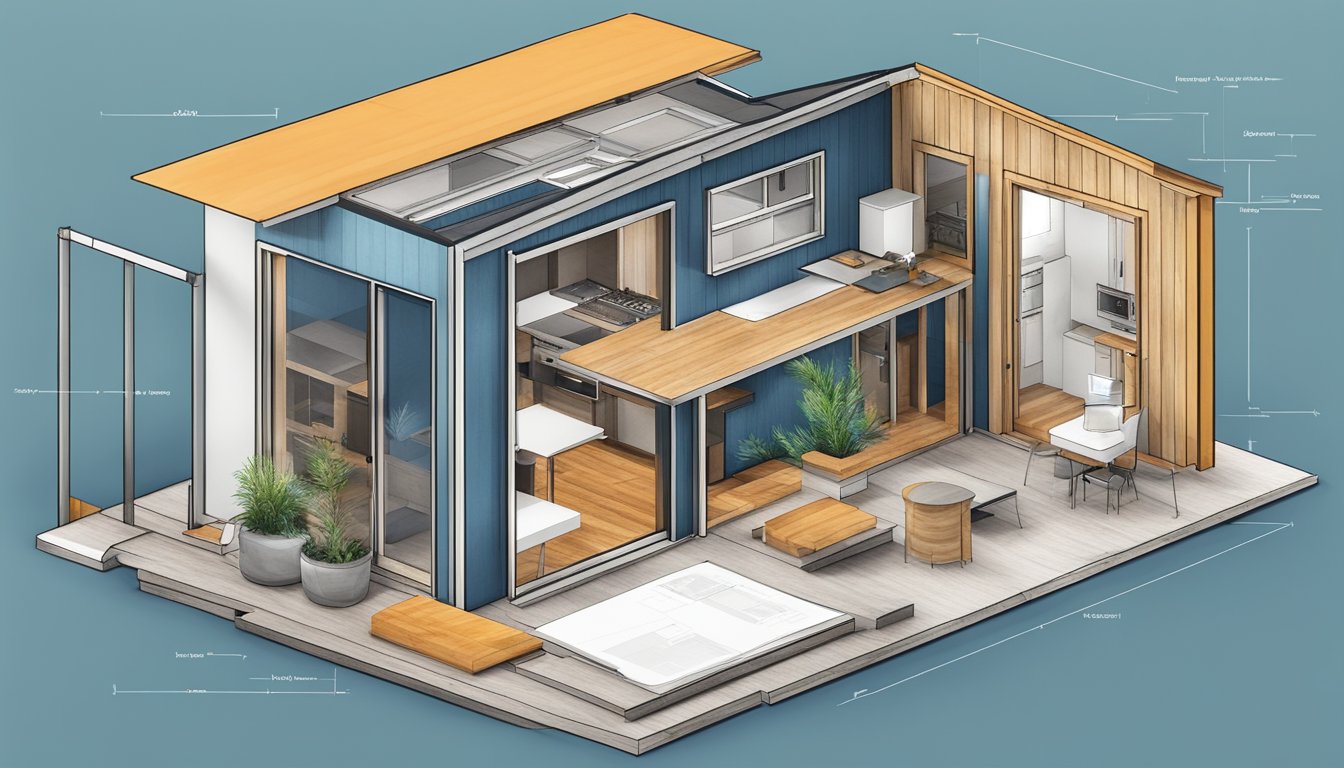 A tiny house blueprint surrounded by architectural tools and materials