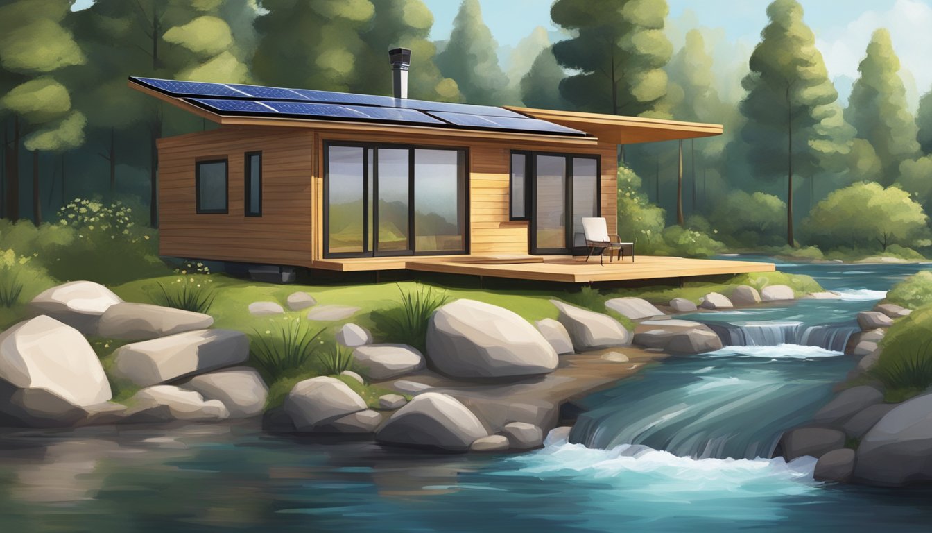 A small, modern tiny house with solar panels on the roof, surrounded by trees and a flowing stream