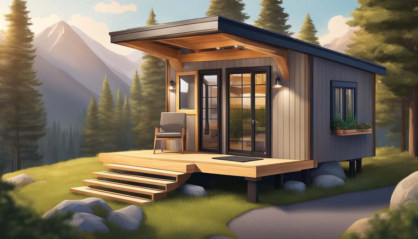 A tiny house build with a loft, solar panels, and a small porch surrounded by trees and a mountain backdrop