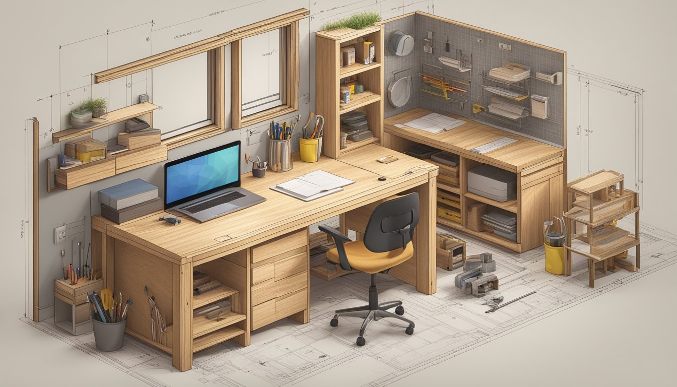 A blueprint-filled desk with tools, wood, and a model tiny house surrounded by measuring tape and construction materials