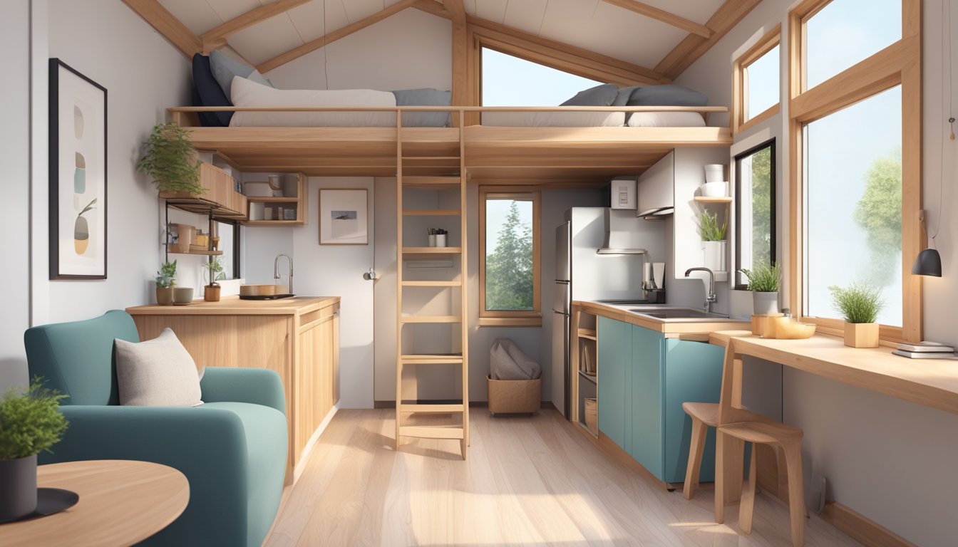 A cozy, minimalist tiny house with multifunctional furniture and clever storage solutions. Bright, airy interior with a lofted sleeping area and a compact kitchen