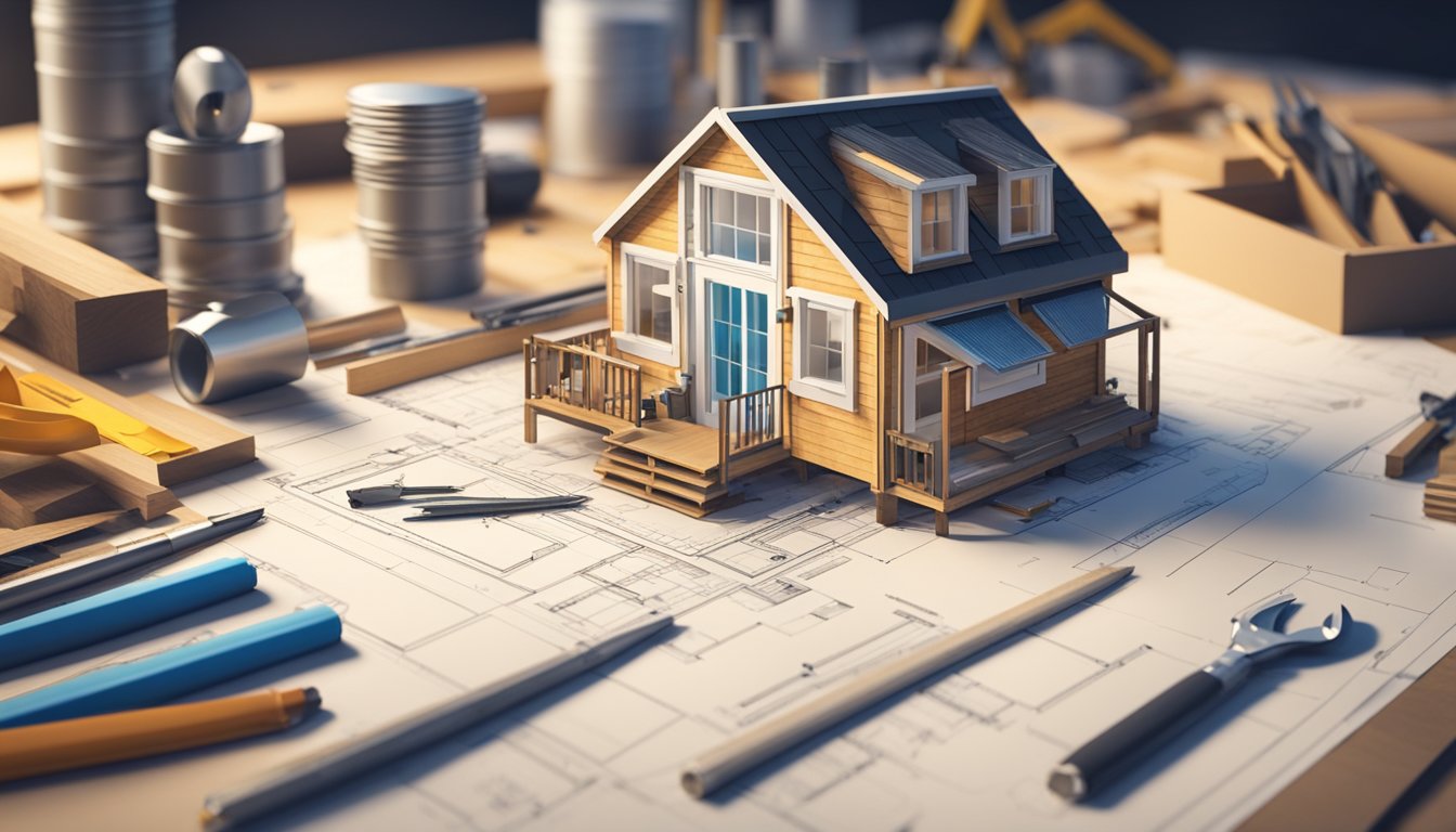 A tiny house being constructed with tools and building materials scattered around. Blueprints and design plans are laid out on a table