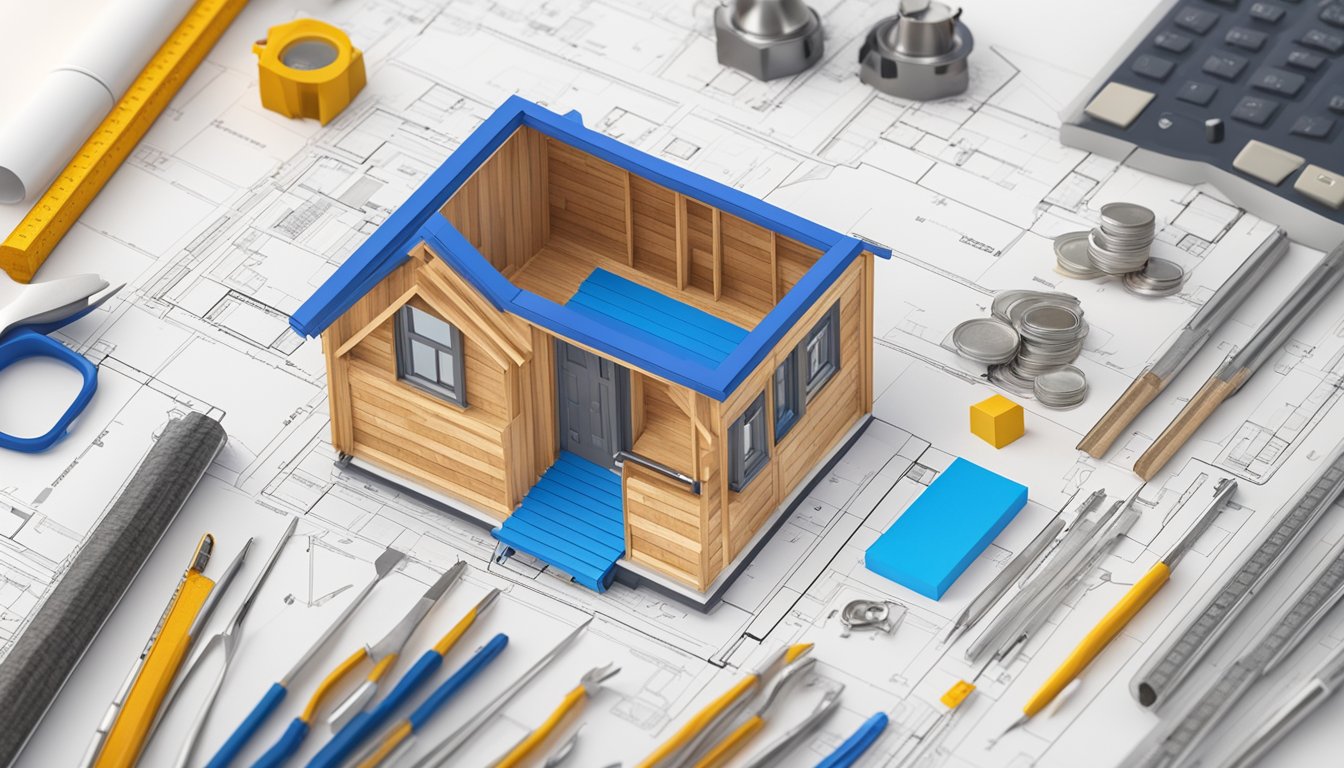 A blueprint of a tiny house with cost estimates, surrounded by construction materials and tools