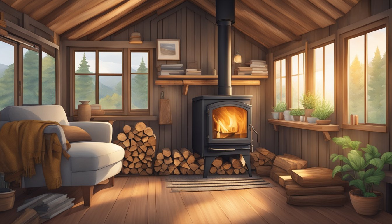 A cozy tiny house with a wood stove as the focal point, emitting warmth and comfort. The stove is surrounded by neatly stacked firewood, adding to the rustic charm of the space