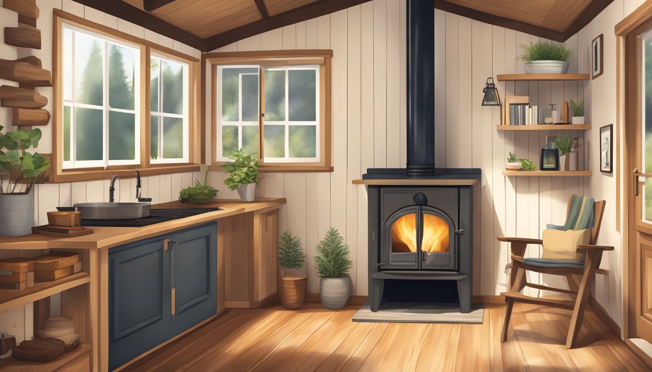 A cozy tiny house interior with a wood stove as the focal point, surrounded by a warm and inviting atmosphere with rustic decor and natural materials