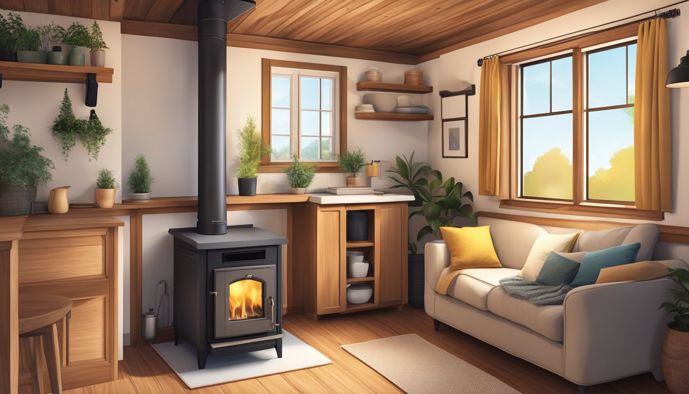 A cozy tiny house with a wood stove as the focal point, emitting warmth and comfort into the small space