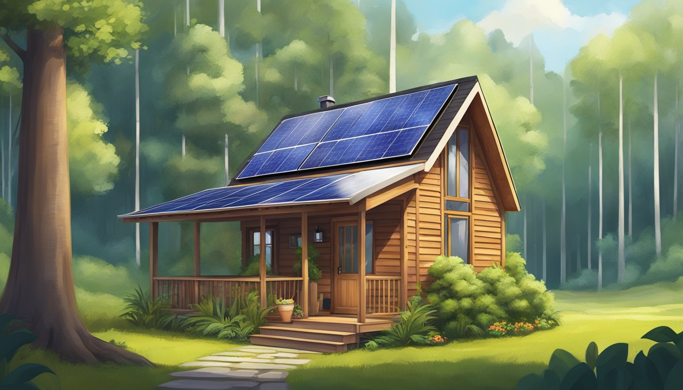 A cozy tiny house nestled in a lush, green forest, with a small porch and solar panels on the roof