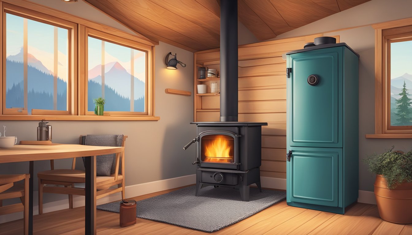 A wood stove sits in a corner of a cozy tiny house, surrounded by a fireproof barrier and equipped with a carbon monoxide detector and fire extinguisher for safety