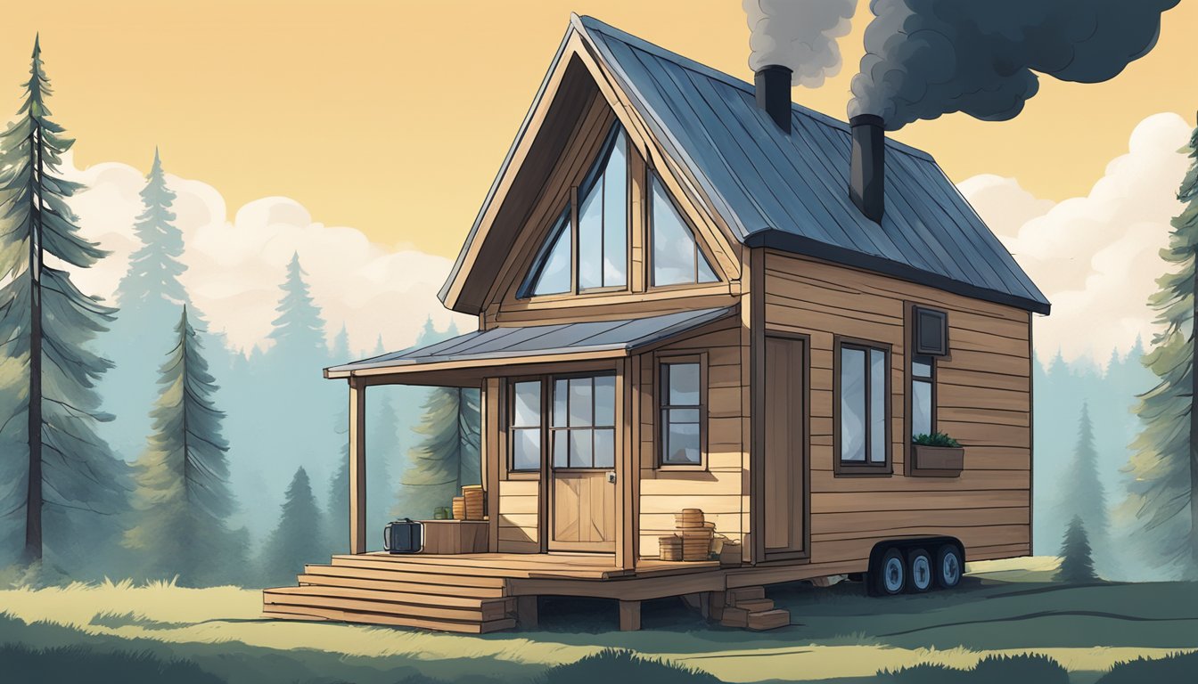 A tiny house with a wood stove emitting smoke, surrounded by trees and a clear blue sky