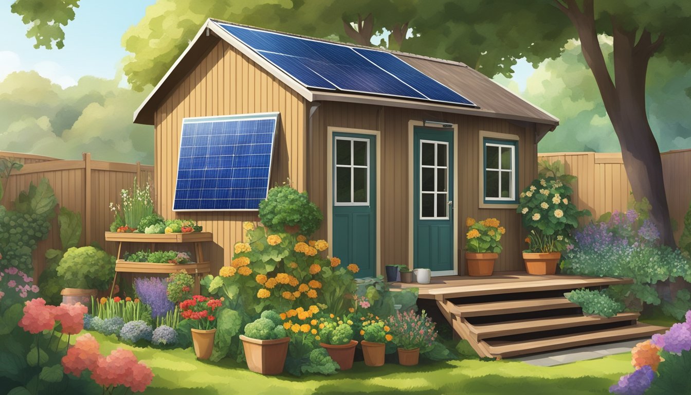 A shed transformed into a tiny house with solar panels, a rainwater collection system, and a garden full of vegetables and flowers