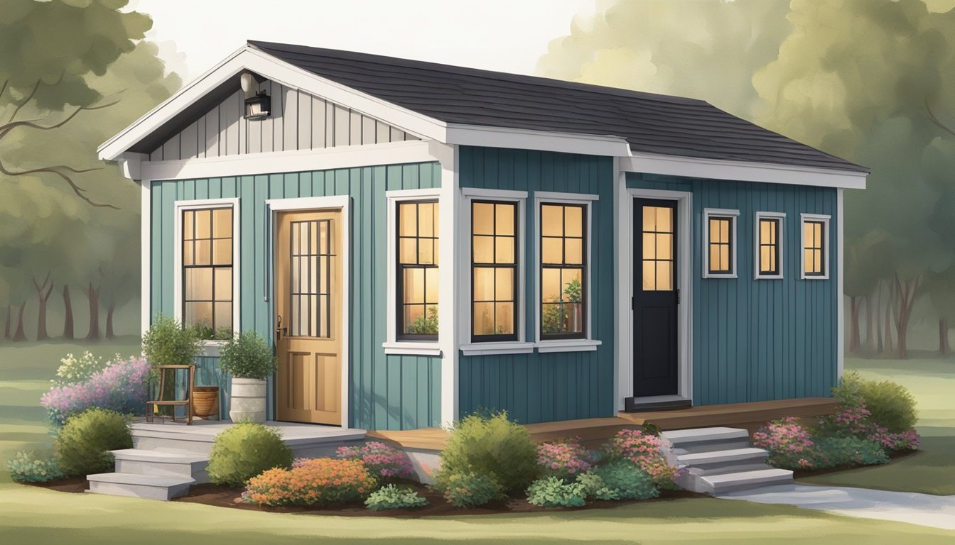 A storage building converted into a cozy tiny house, complete with a front porch, large windows, and a small garden out front