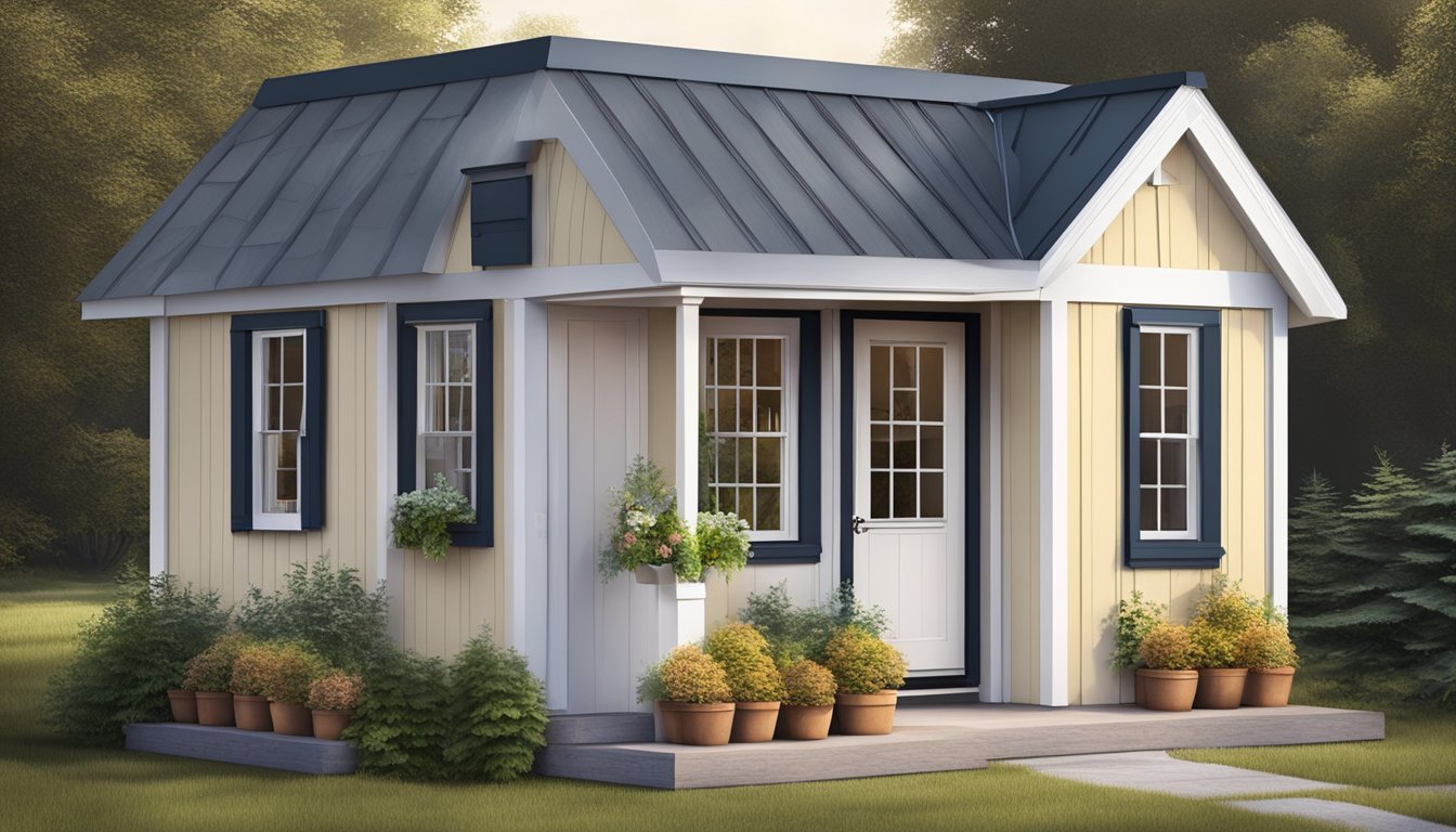 A small storage building transformed into a cozy tiny house with windows, a front door, and a small porch