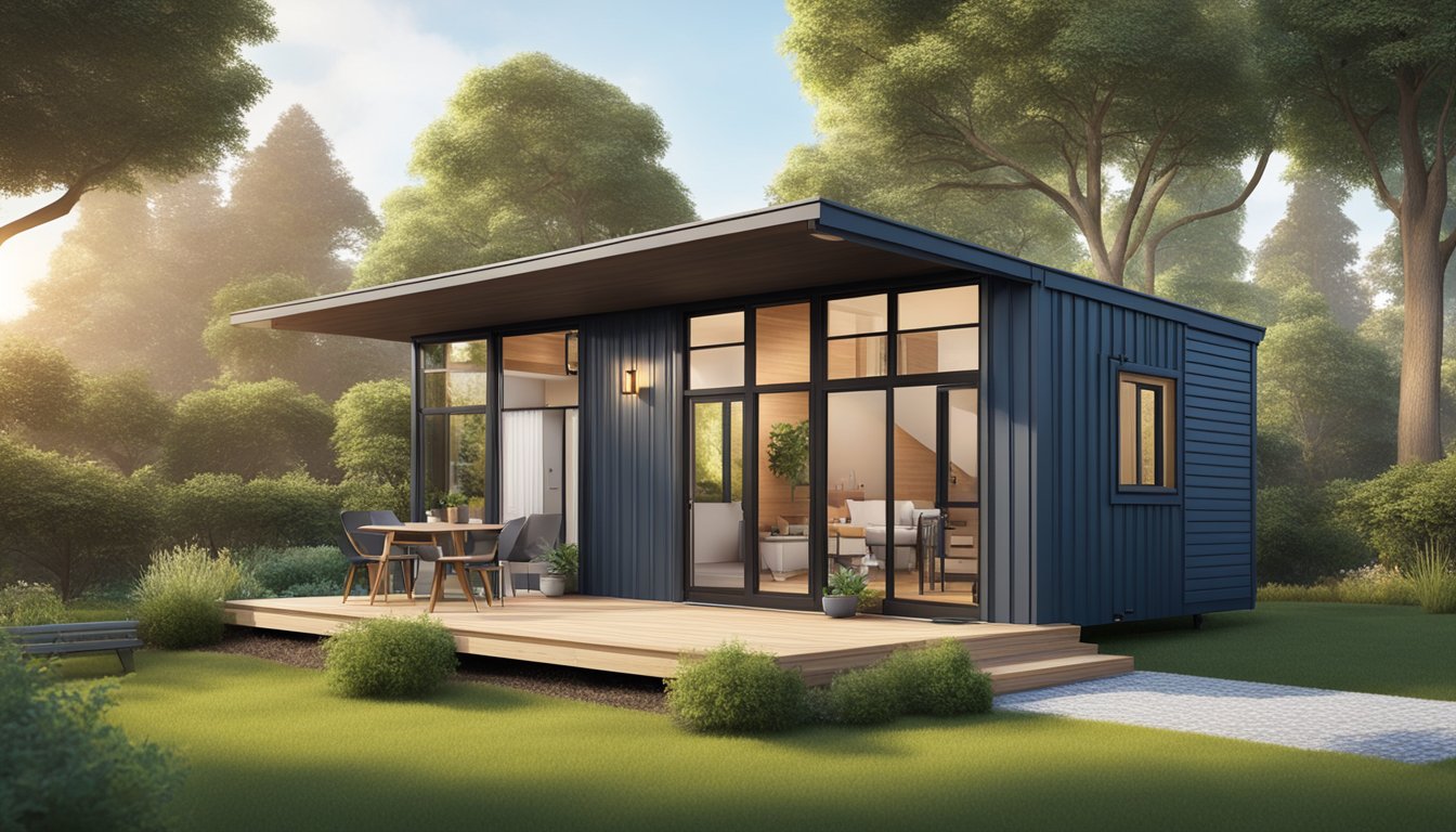 A modular tiny house unit with windows, a door, and a pitched roof, surrounded by trees and a small garden