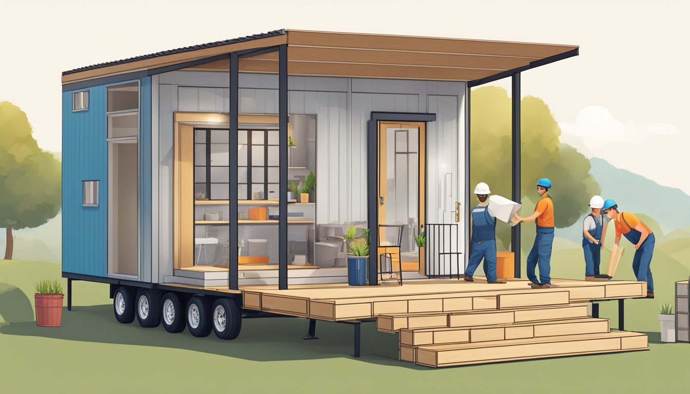 A tiny house module under construction, with workers assembling high-quality materials