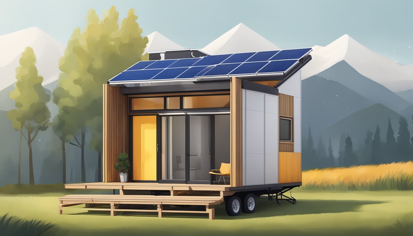 A modular tiny house with fold-out walls, solar panels, and a rainwater collection system