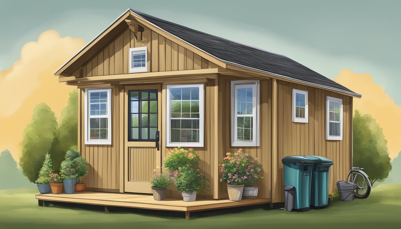 A shed transformed into a tiny house with added windows, door, and utilities